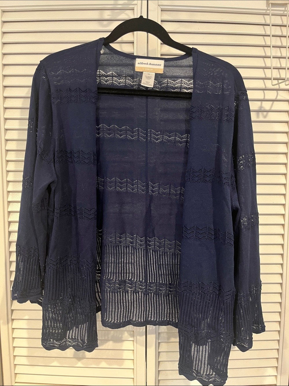 Alfred Dunner Navy Blue Crochet-Pattern Open Front Cardigan 1X NWOT